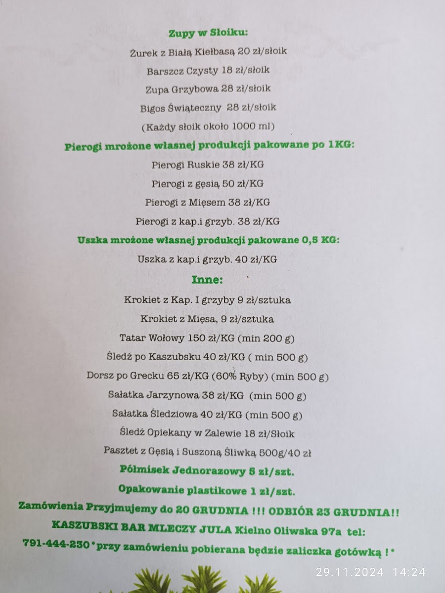 Menu Kaszubski Bar Mleczny Jula-1